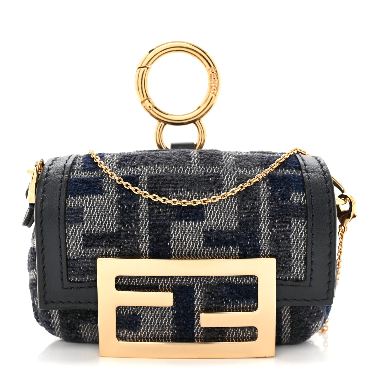Fabric Vitello Jacquard FF Nano Maxi Buckle Baguette Charm Blue Grey