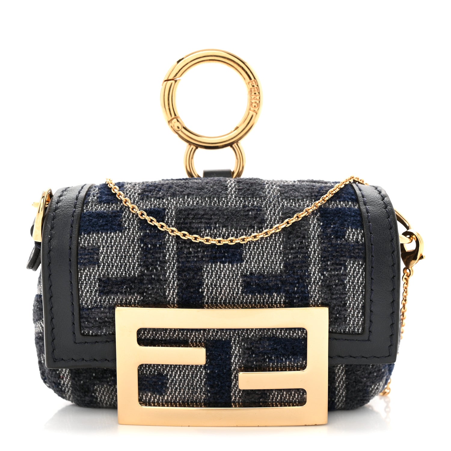 Fendi Fabric Vitello Jacquard FF Nano Maxi Buckle Baguette Charm Blue Grey 1 of 10