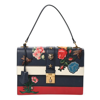 Gucci Calfskin Embroidered Riche Stripe Shoulder Bag Blue Red 1 of 9