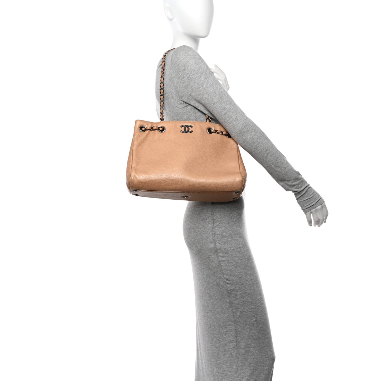 Metallic Grained Calfskin Woven Chain Medium Shopping Tote Beige