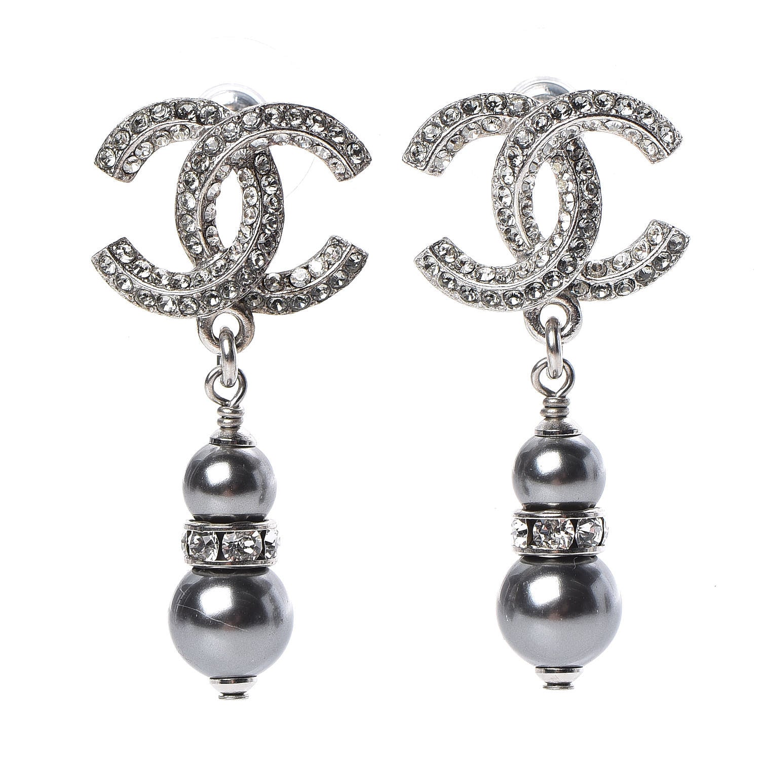 Chanel Crystal Pearl CC Drop Earrings Silver Grey 1 of 4