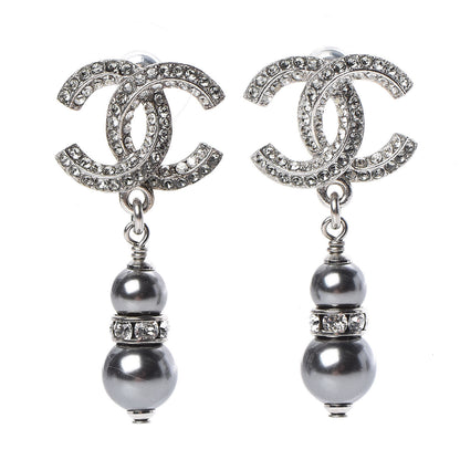 Chanel Crystal Pearl CC Drop Earrings Silver Grey 1 of 4