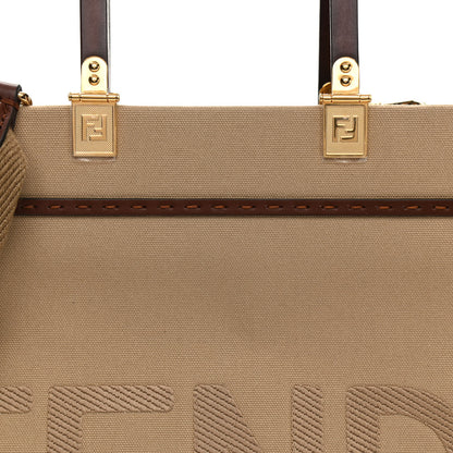 Fendi Canvas Vitello King Logo Embroidered Medium Fendi Sunshine Shopper Tote Sand Ghianda 7 of 8