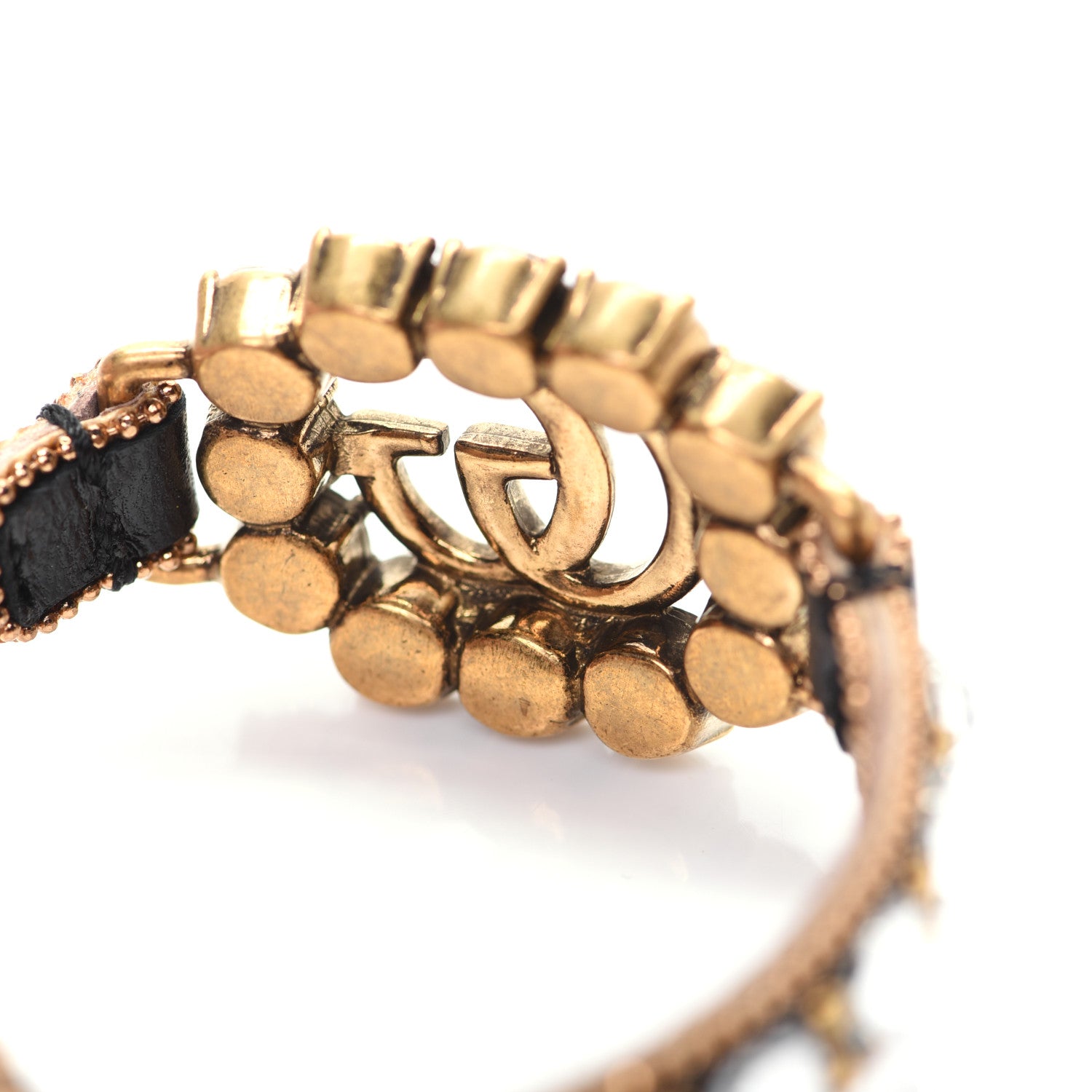 Gucci Metal Calfskin Crystal Double G Bracelet Black 6 of 10