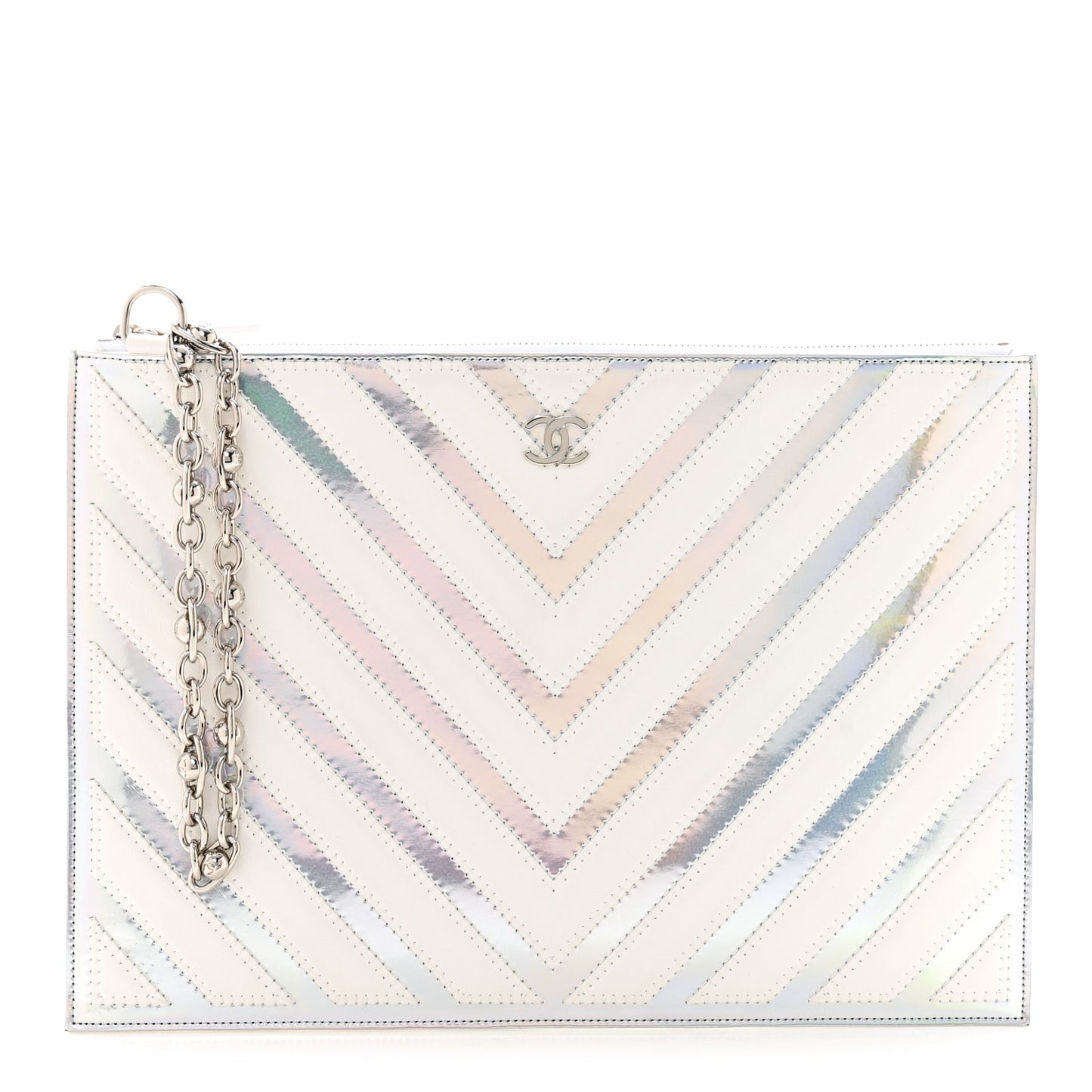 Lambskin Metallic Chevron Zip Pouch White Silver