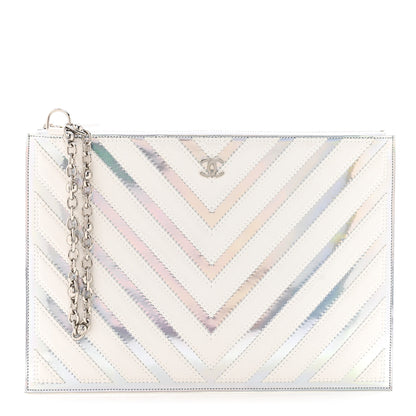 Chanel Lambskin Metallic Chevron Zip Pouch White Silver 1 of 9