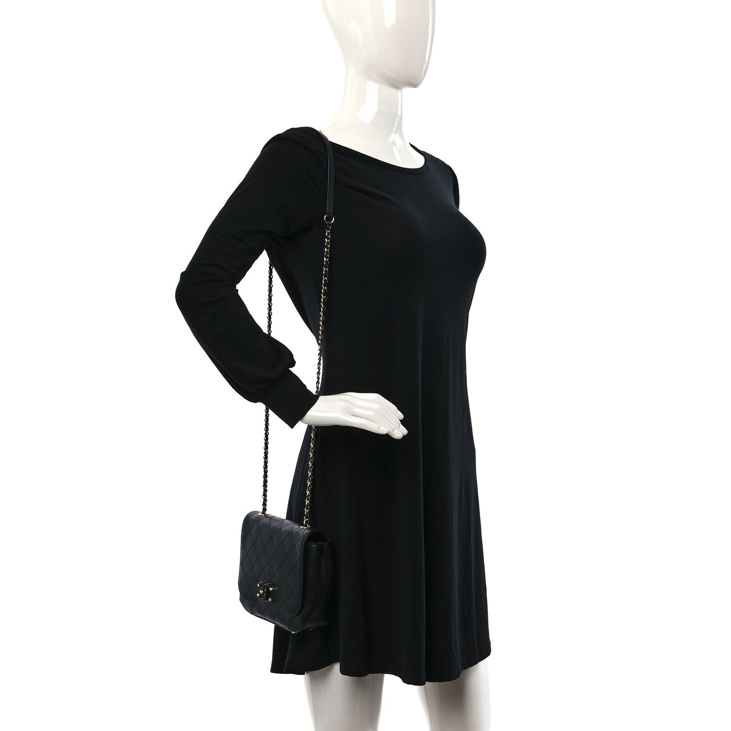 Calfskin Stitched Small Covered CC Flap Bag Black