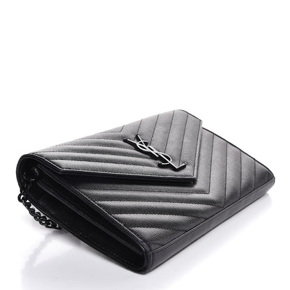 Saint Laurent Grain De Poudre Matelasse Chevron Monogram Chain Wallet Black 4 of 7