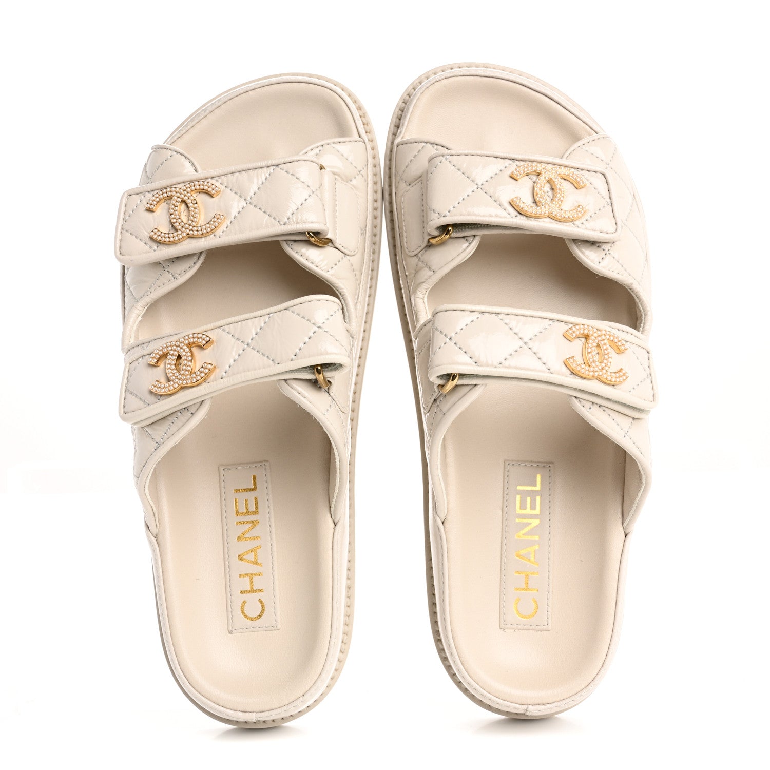 Chanel Shiny Calfskin Crystal Quilted Velcro Dad CC Slide Sandals 36.5 Light Beige 2 of 15