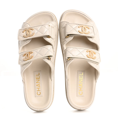 Chanel Shiny Calfskin Crystal Quilted Velcro Dad CC Slide Sandals 36.5 Light Beige 2 of 15