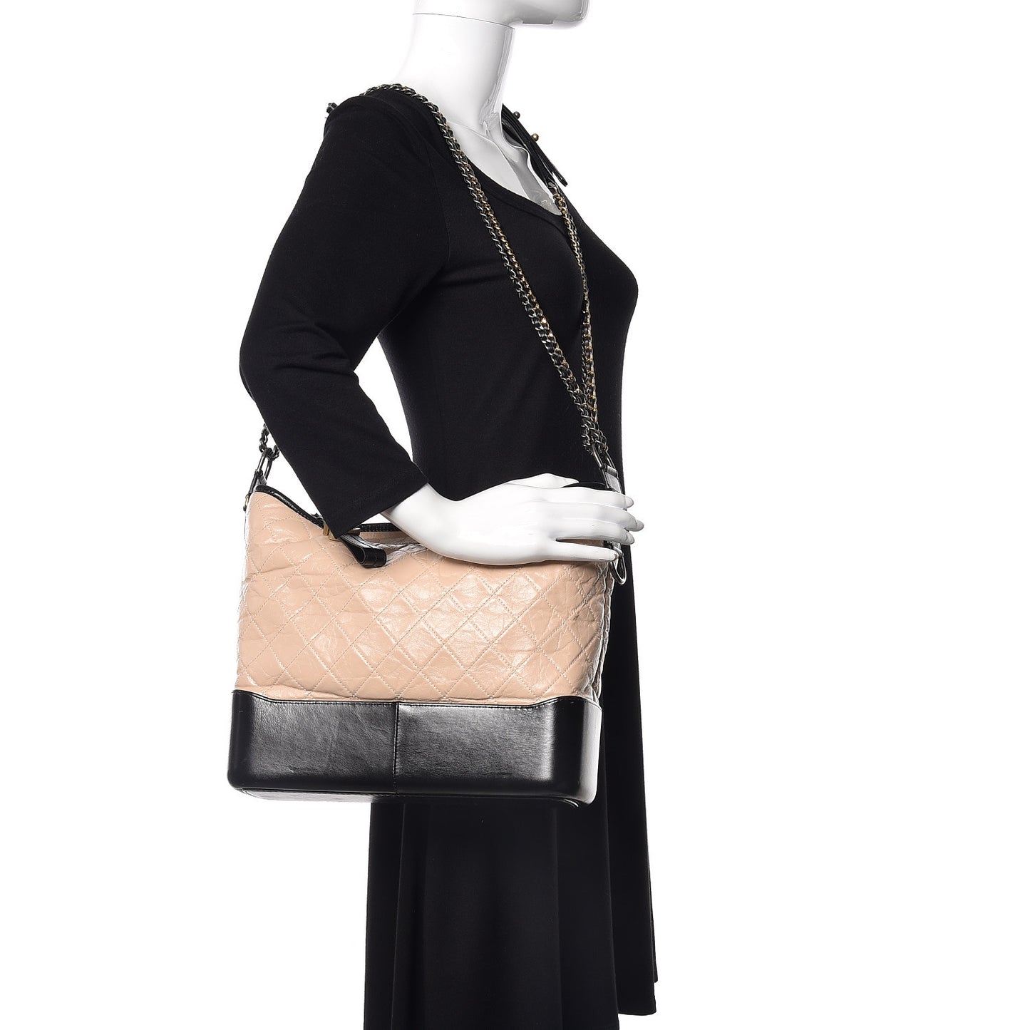 Aged Calfskin Quilted Large Gabrielle Hobo Beige Black