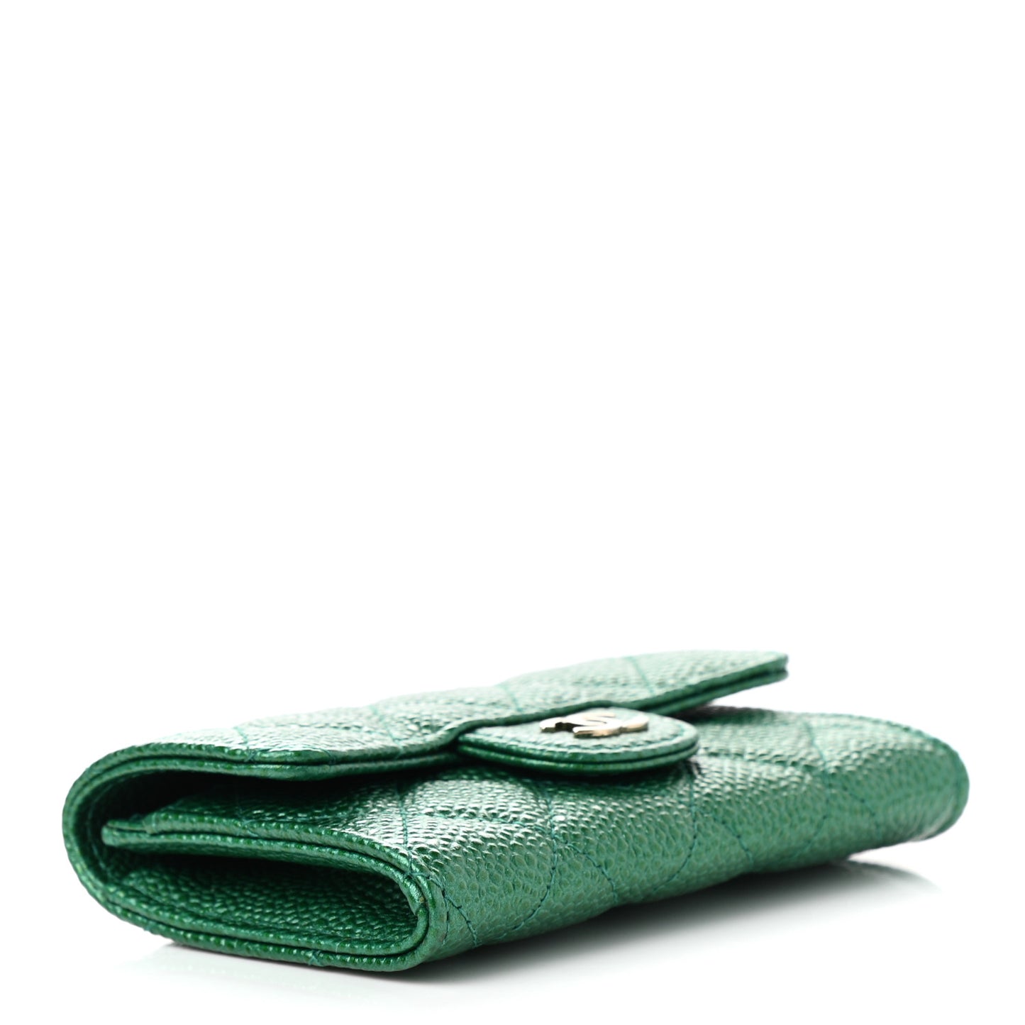 Metallic Caviar Quilted Flap Card Holder Wallet Green