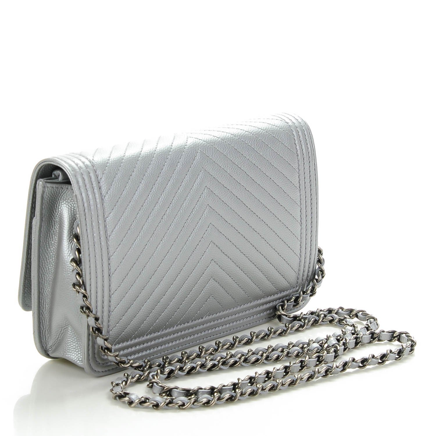 Chanel Caviar Chevron Quilted Boy Wallet On Chain WOC Silver 3 of 8