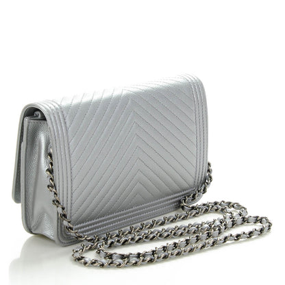 Chanel Caviar Chevron Quilted Boy Wallet On Chain WOC Silver 3 of 8