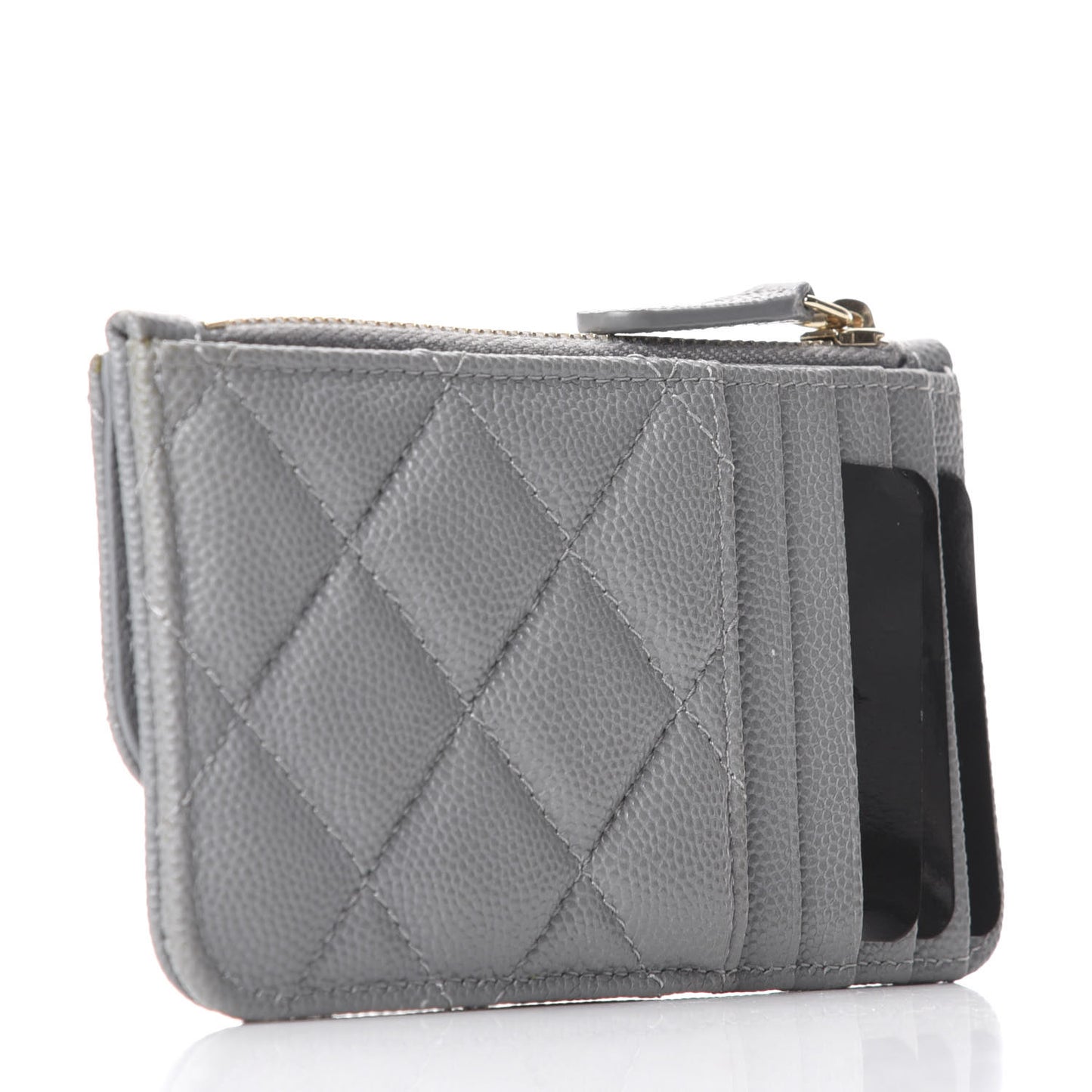 Caviar Quilted Flap Zip Card Holder Grey