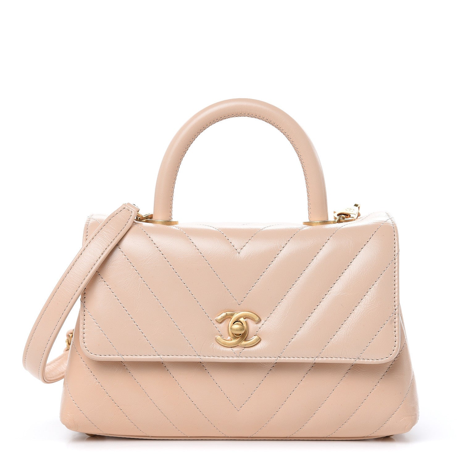 Chanel Calfskin Chevron Quilted Mini Coco Handle Flap Beige 1 of 15