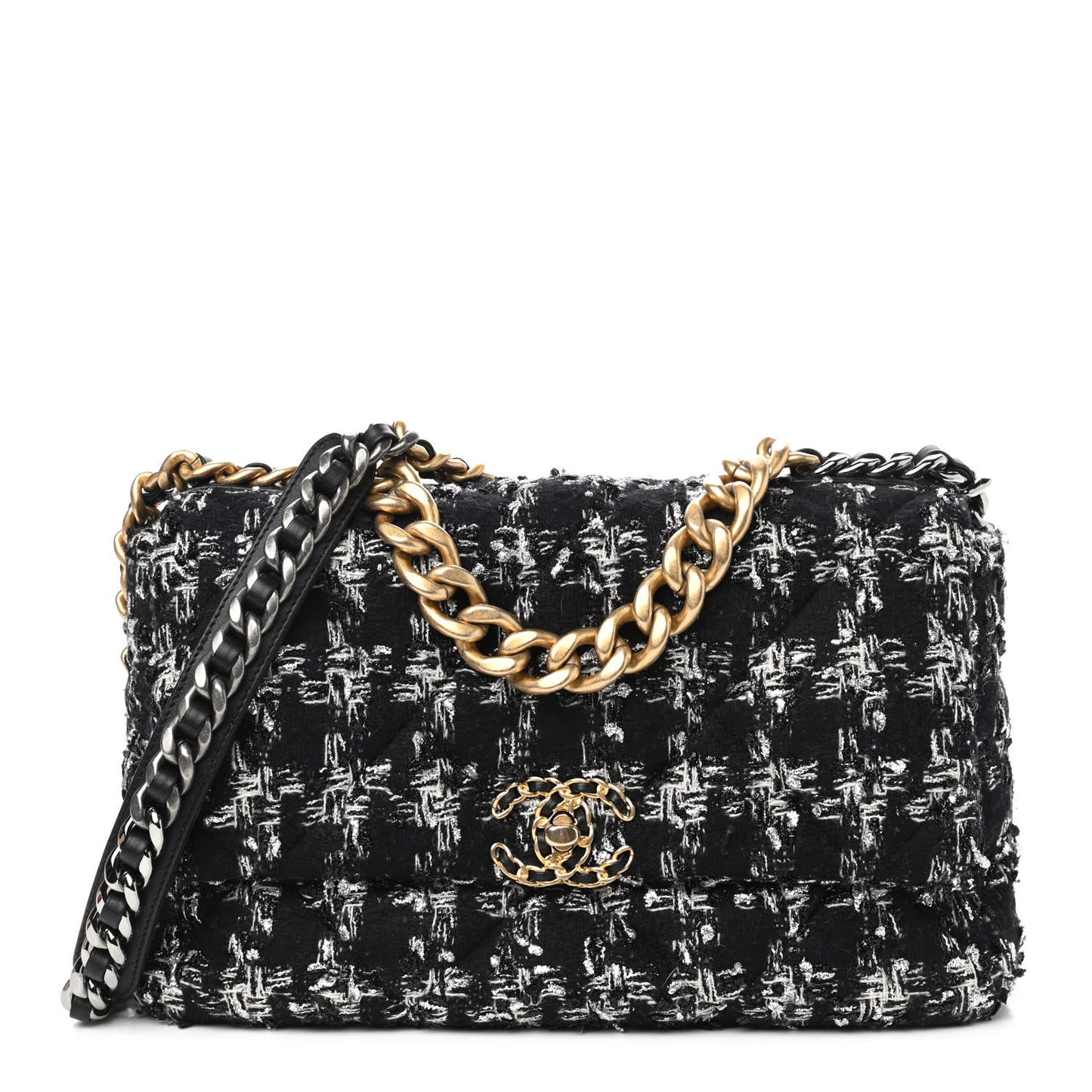 Tweed Quilted Large Chanel 19 Flap Black Silver Ecru