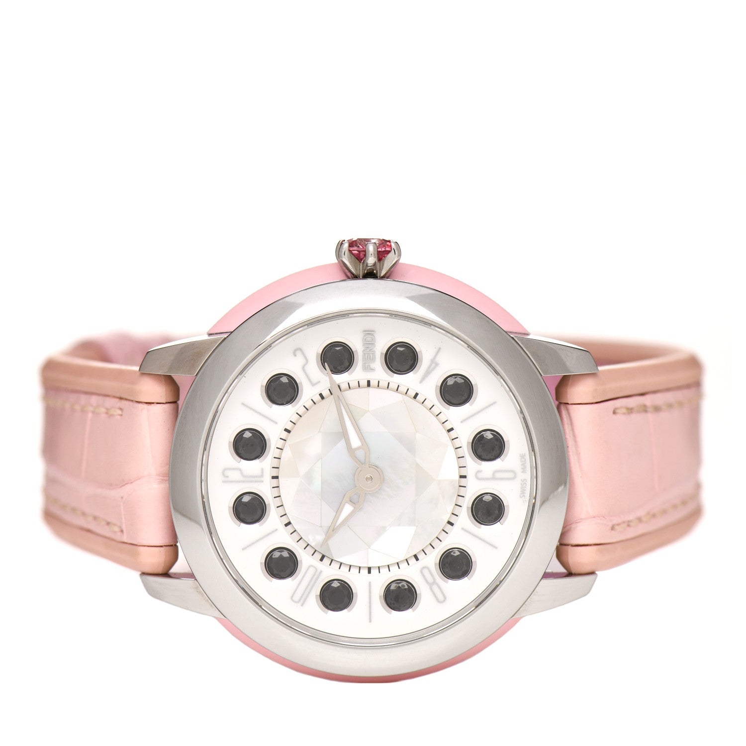Fendi Stainless Steel Alligator Mother of Pearl Topaz Spinel 38mm Ishine Rotating Gem Quartz Watch 3 of 7