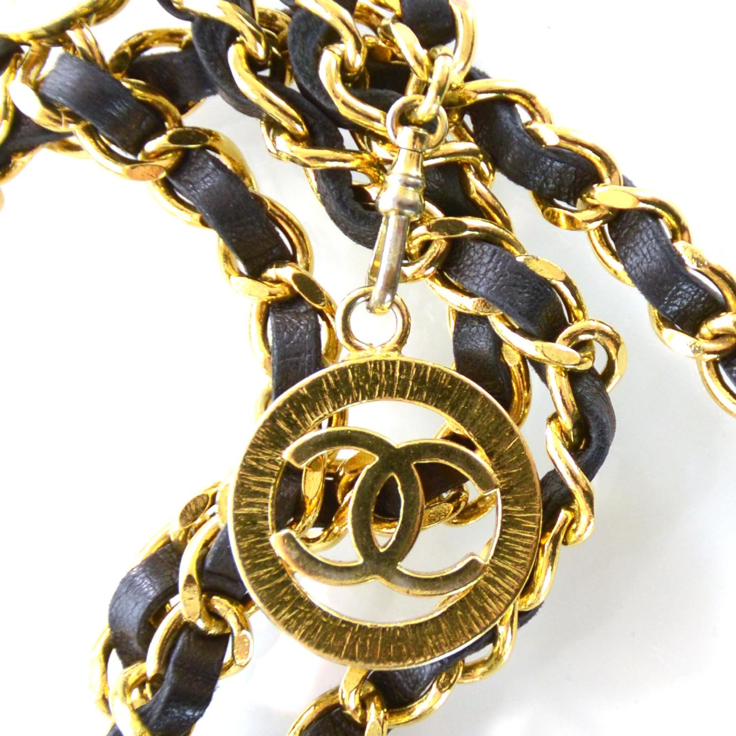 Leather Chain CC Medallion Belt Black Gold