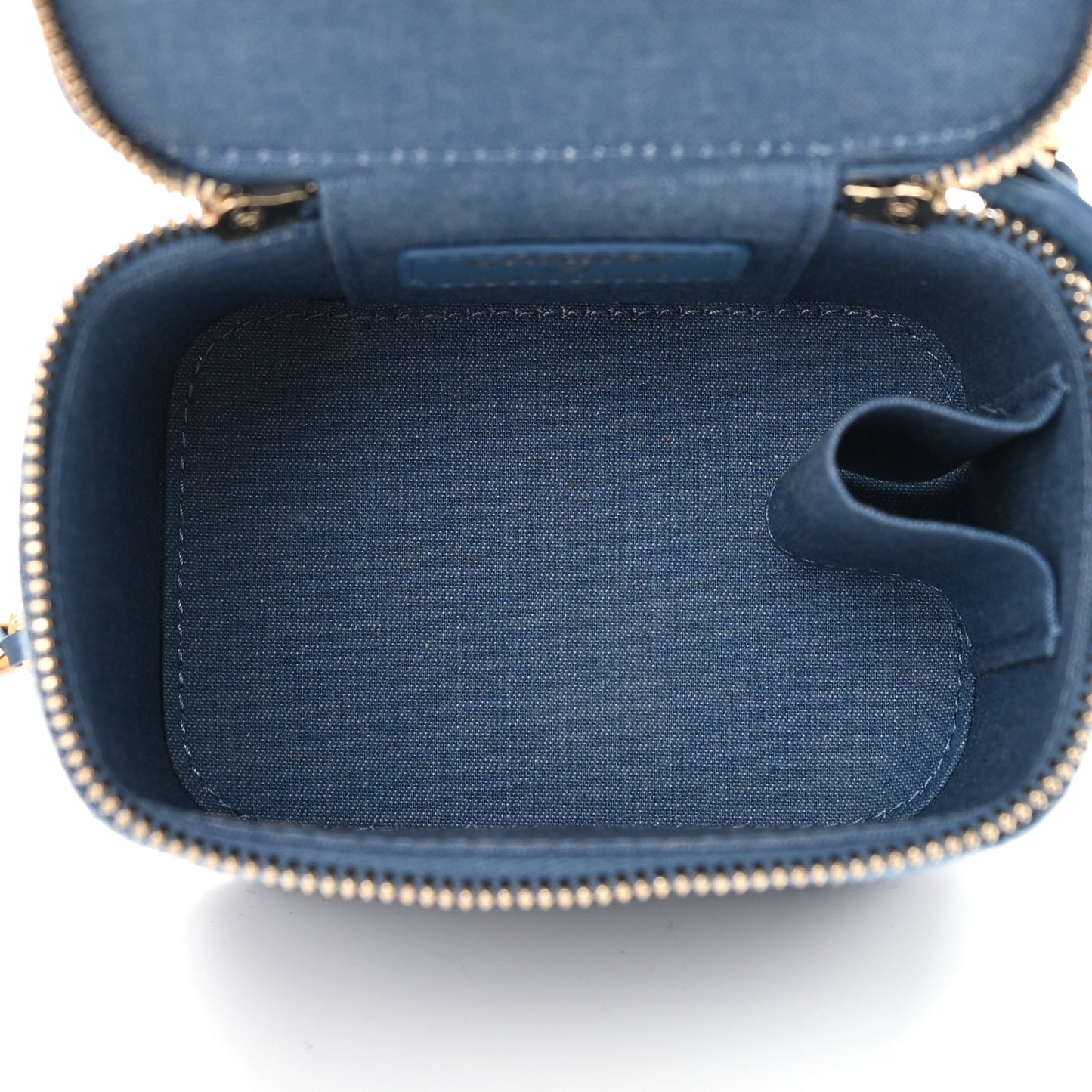 Denim Quilted Mini Pearl Crush Vanity Case With Chain