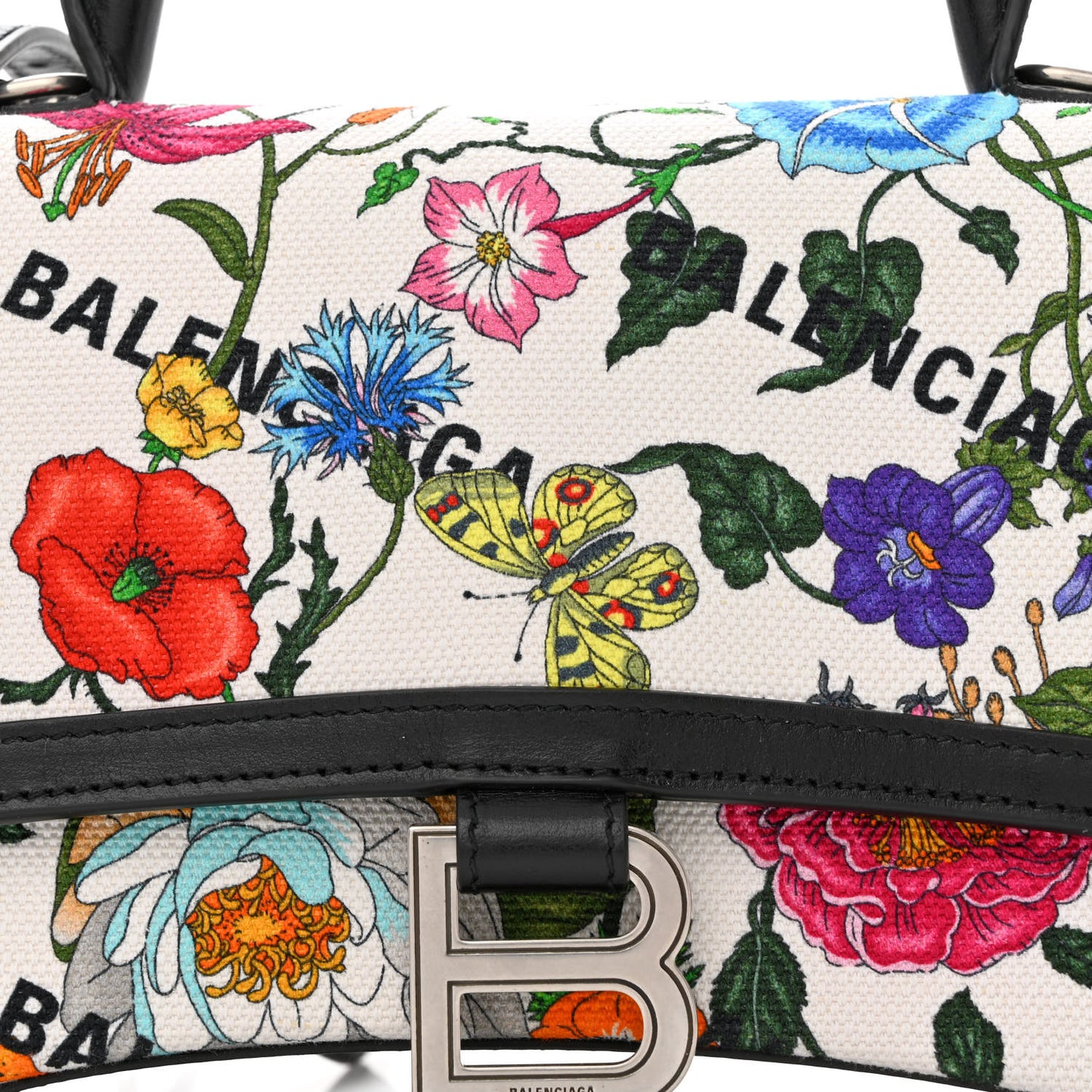 X GUCCI Canvas Boarded Plutone Calfskin Flora Logo Print Small Hourglass Top Handle Bag White Multicolor Black