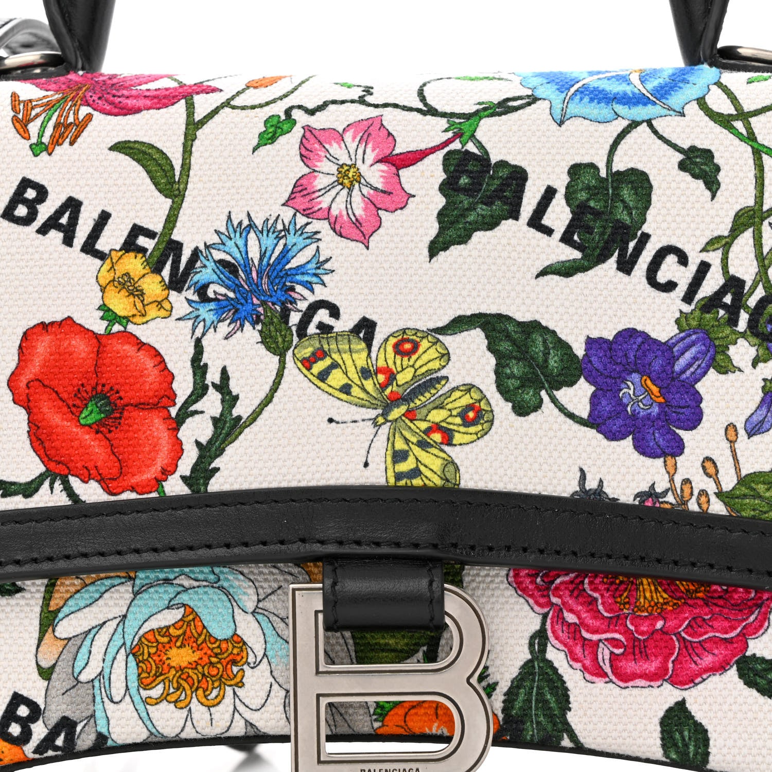 Balenciaga X GUCCI Canvas Boarded Plutone Calfskin Flora Logo Print Small Hourglass Top Handle Bag White Multicolor Black 8 of 10