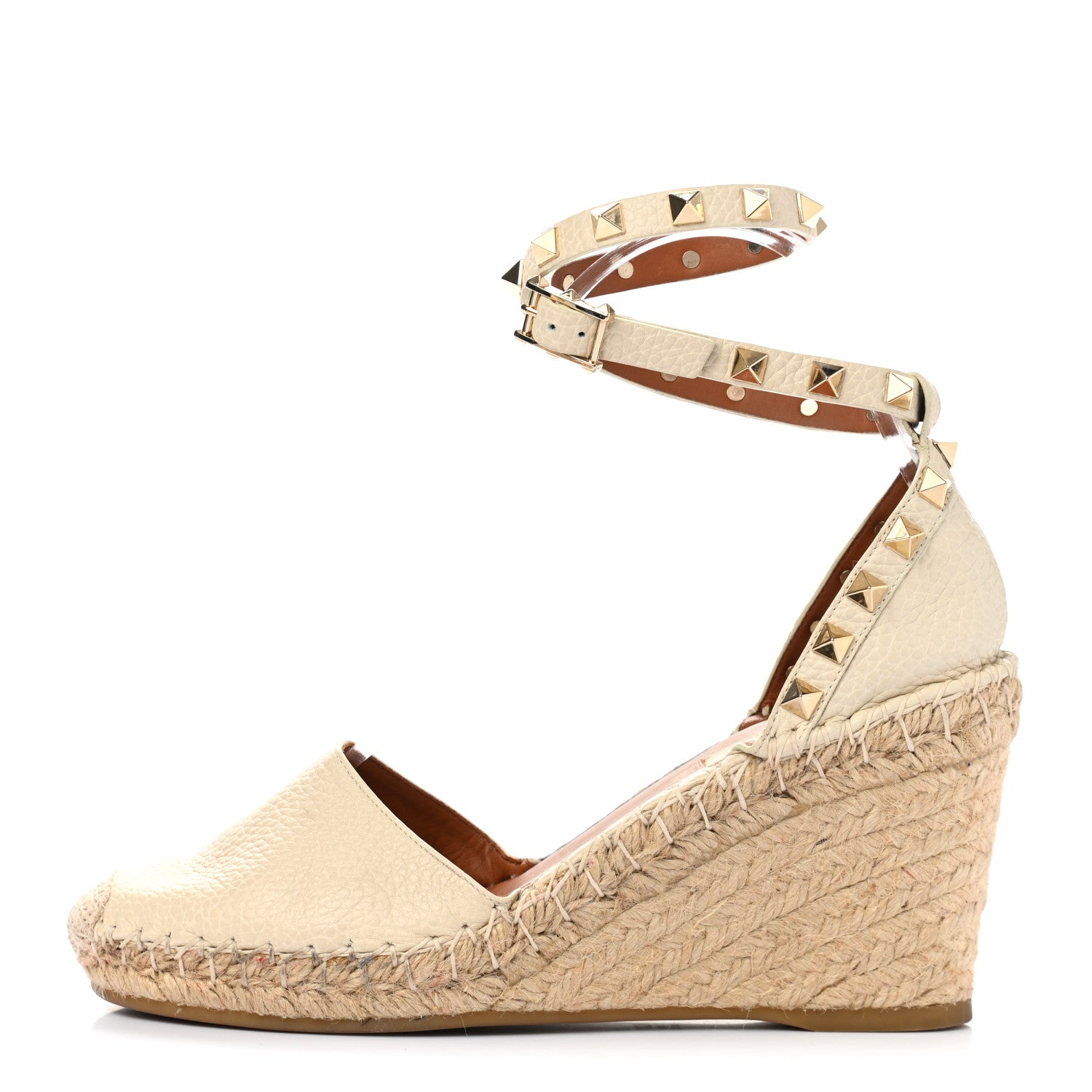 Valentino Garavani Grained Calfskin Rockstud Ankle Wrap Espadrille 15/85mm Wedges 36 Light Ivory 1 of 9
