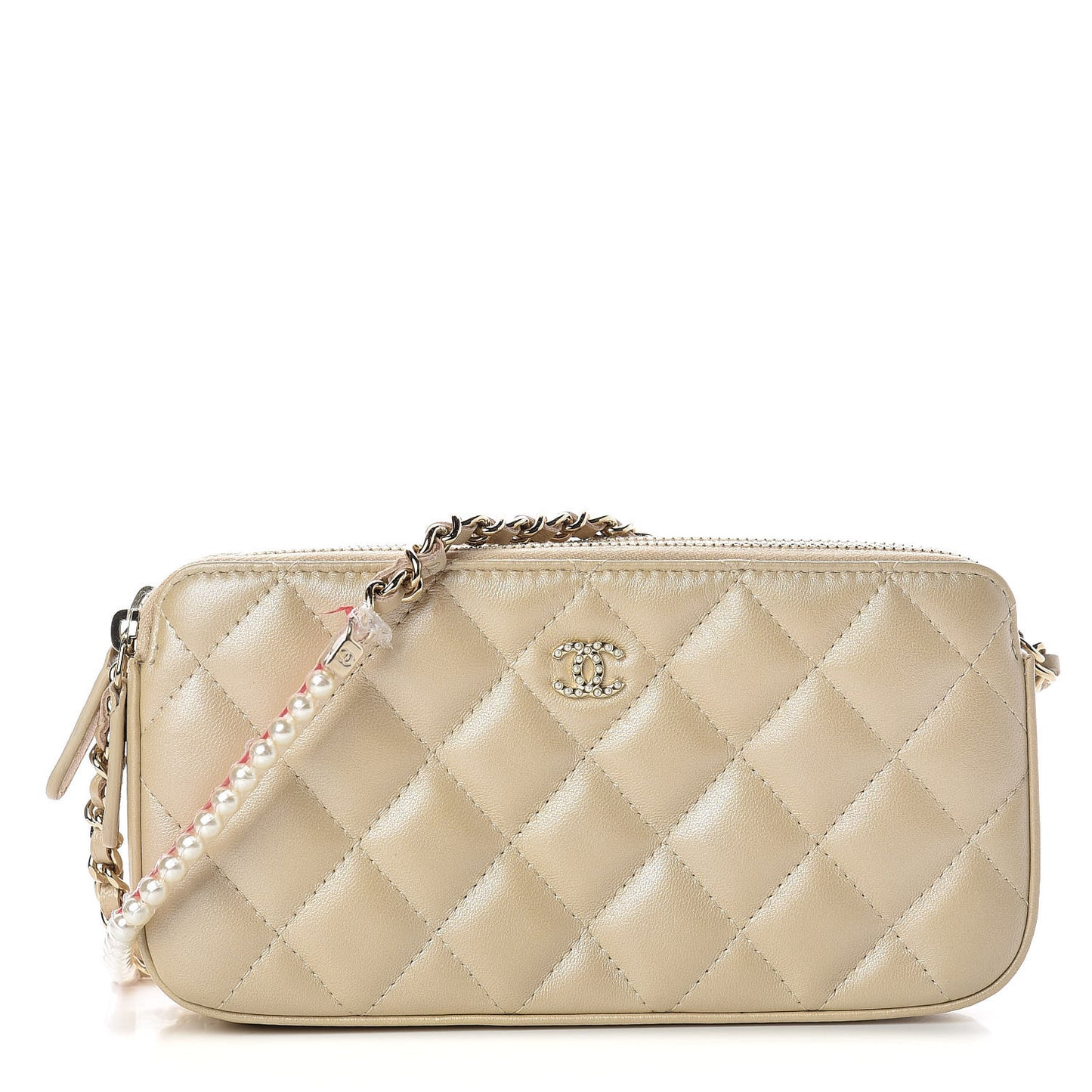 Iridescent Lambskin Quilted Pearl Clutch With Chain Beige
