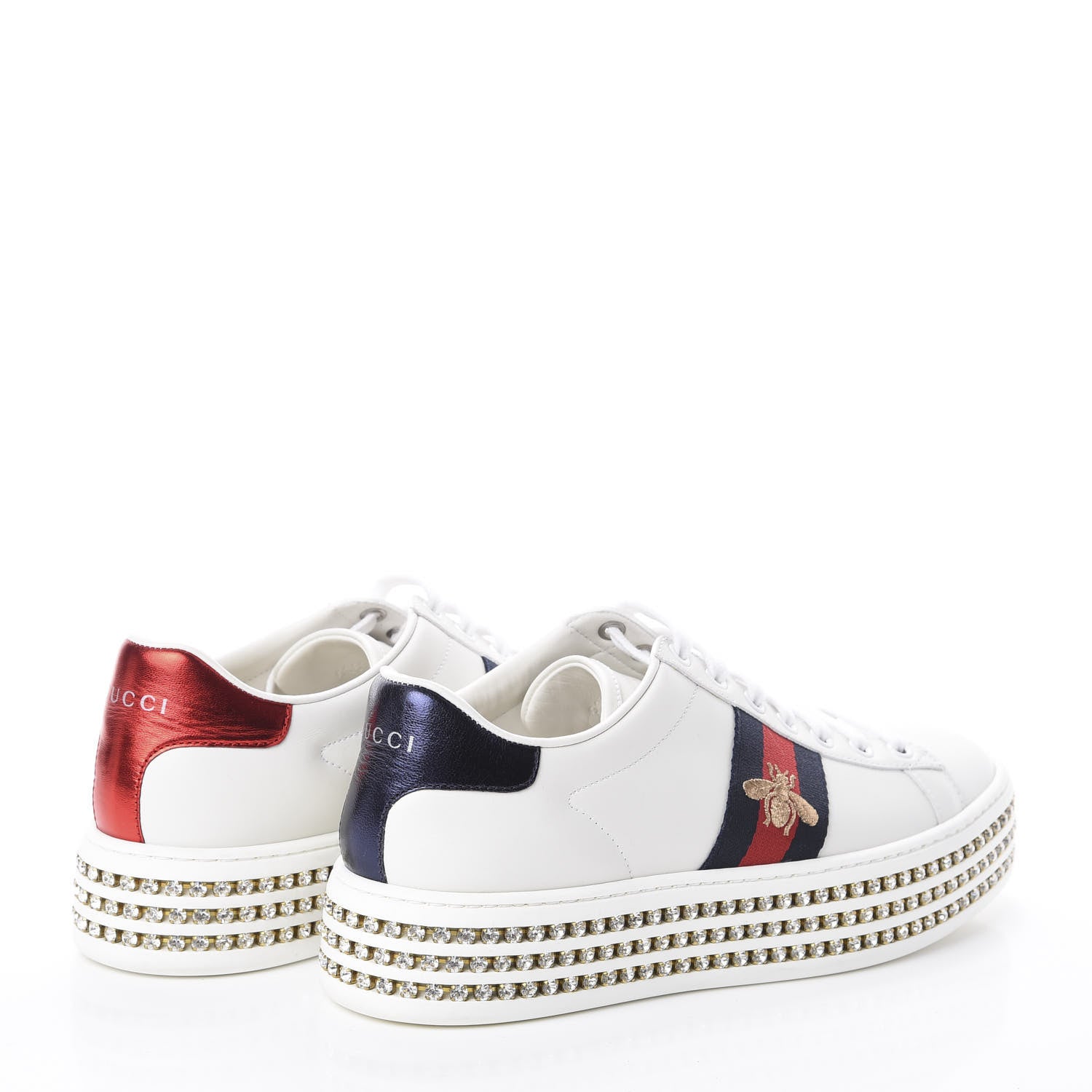 Gucci Calfskin Crystal Web Bee Embroidered Womens Ace Platform Sneakers 37.5 White 4 of 7