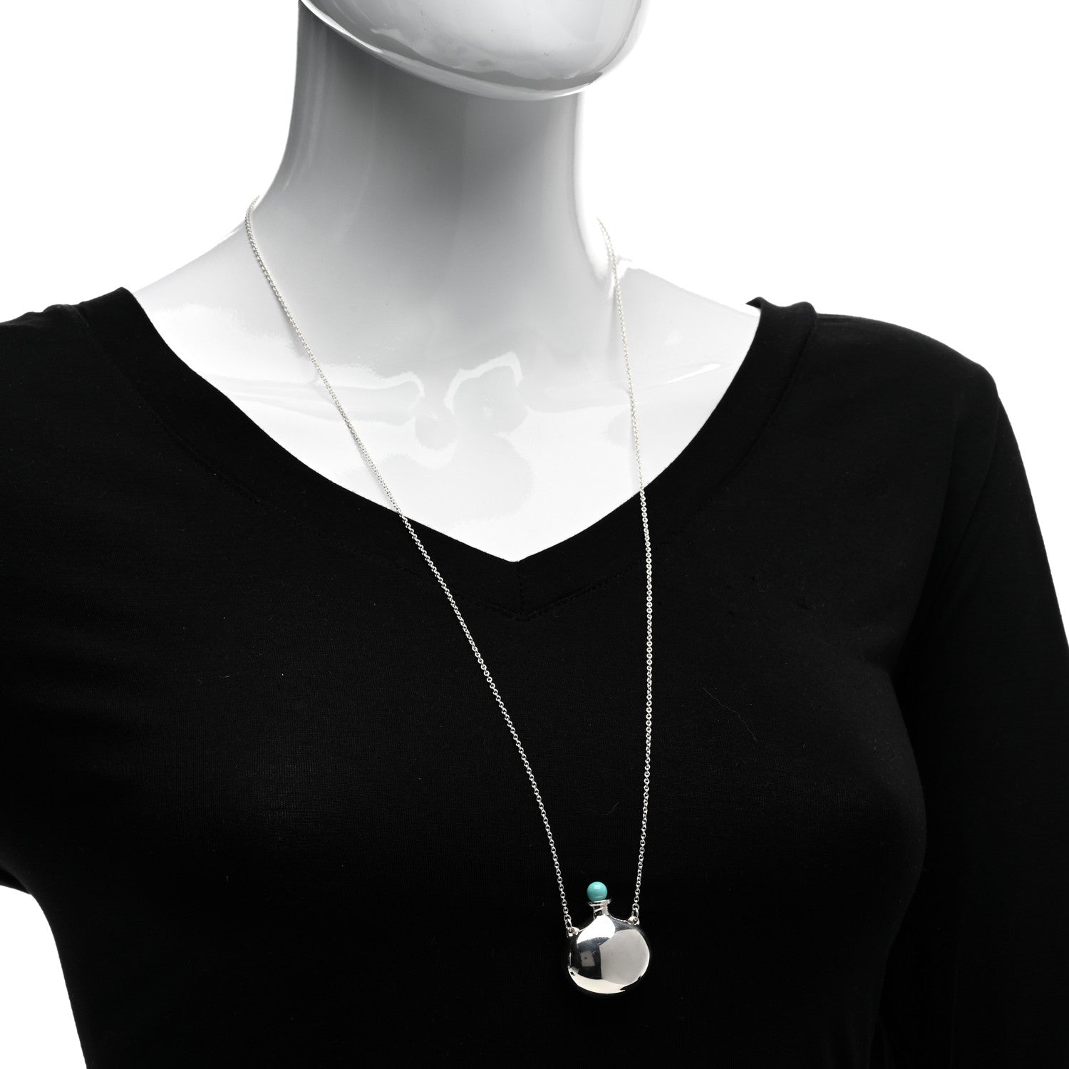 Tiffany Sterling Silver Turquoise Elsa Peretti Round Bottle Pendant Necklace 2 of 4