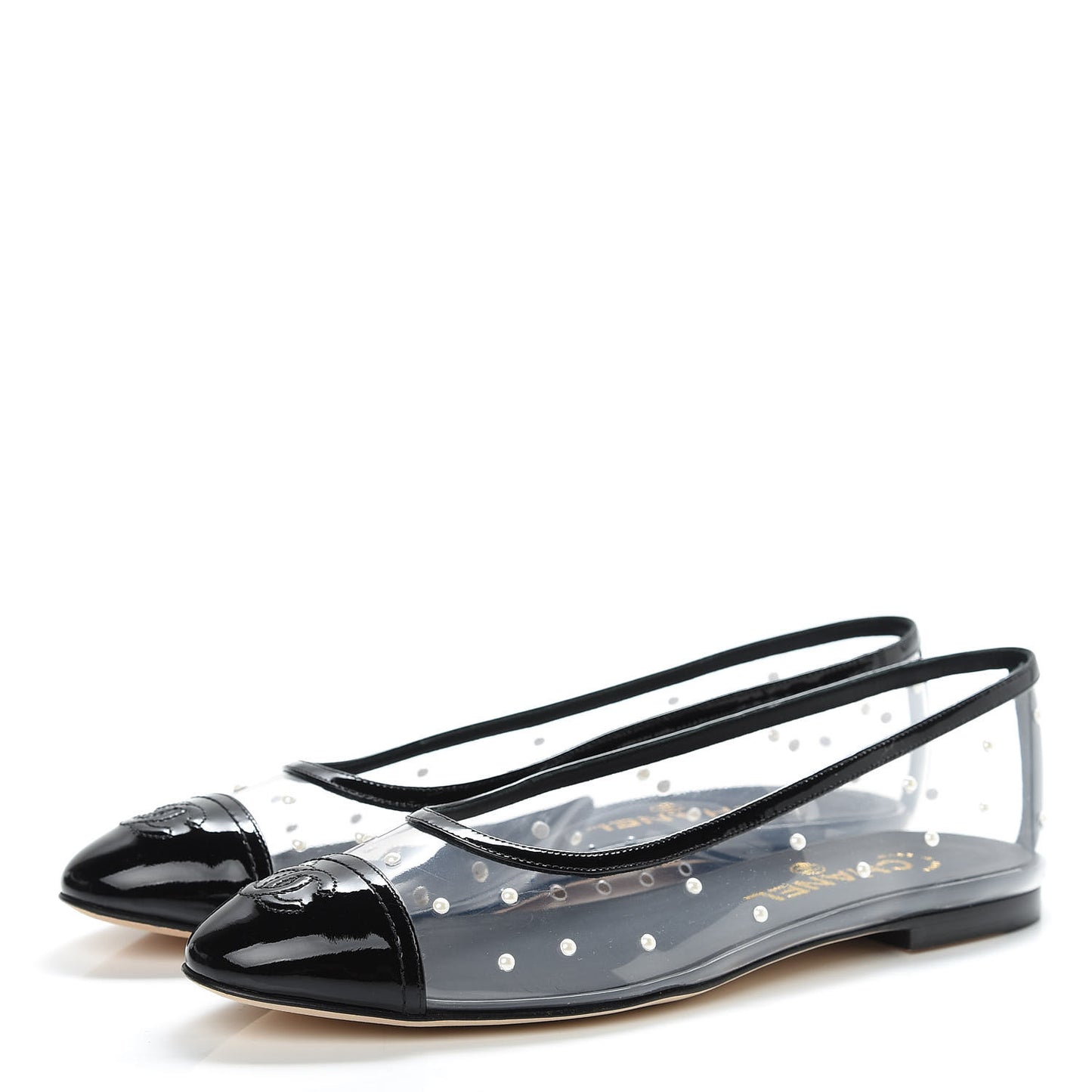 PVC Patent Calfskin Pearl Cap Toe Ballerina Flats 39 Transparent Black