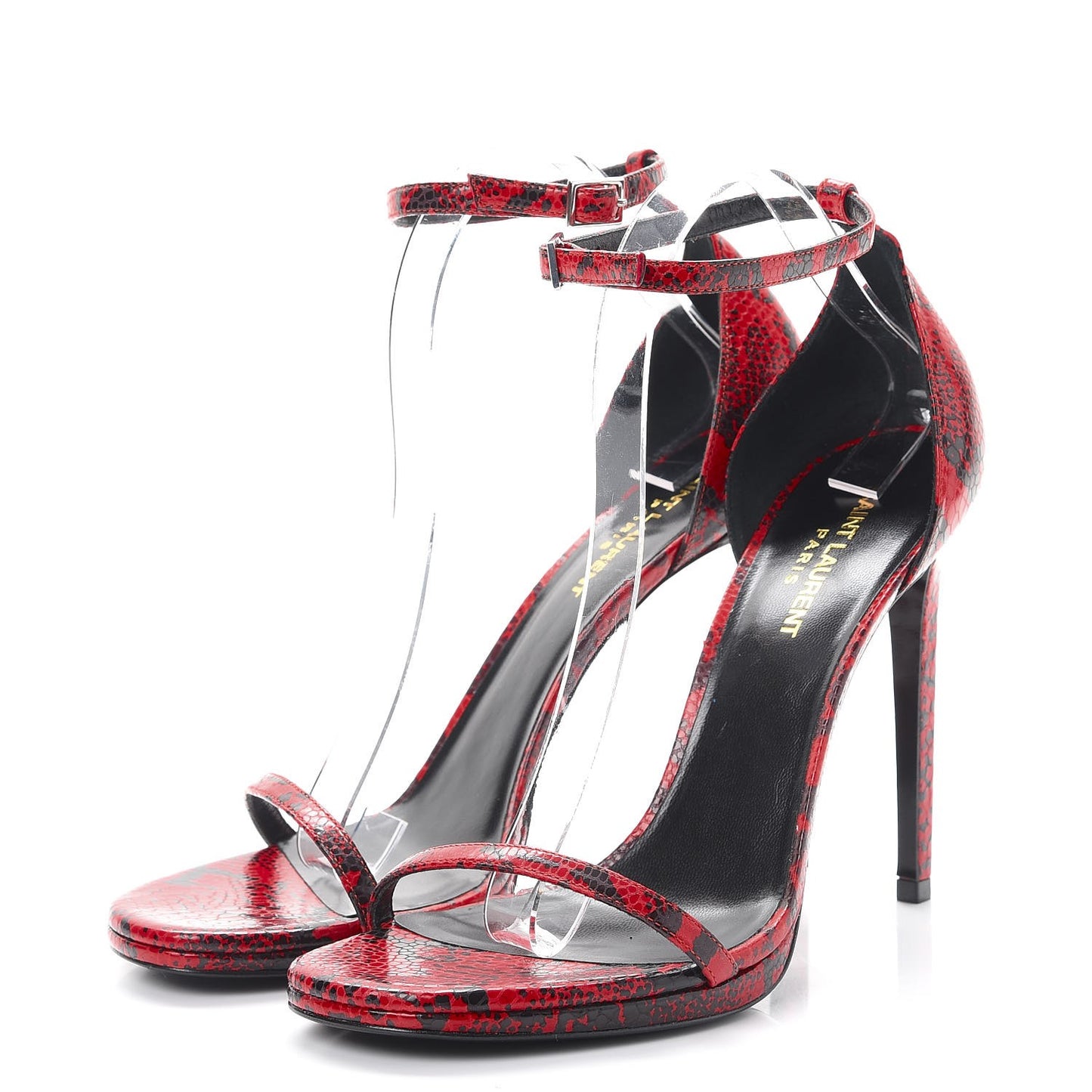 Snake Calfskin Embossed Jane 105 Ankle Strap Sandals 40 Red Black