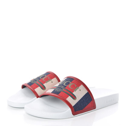 Gucci Canvas Sylvie Stripe Logo Mens Pursuit Slide Sandals 11 Mystic White Hibiscus Red Maritime 3 of 8