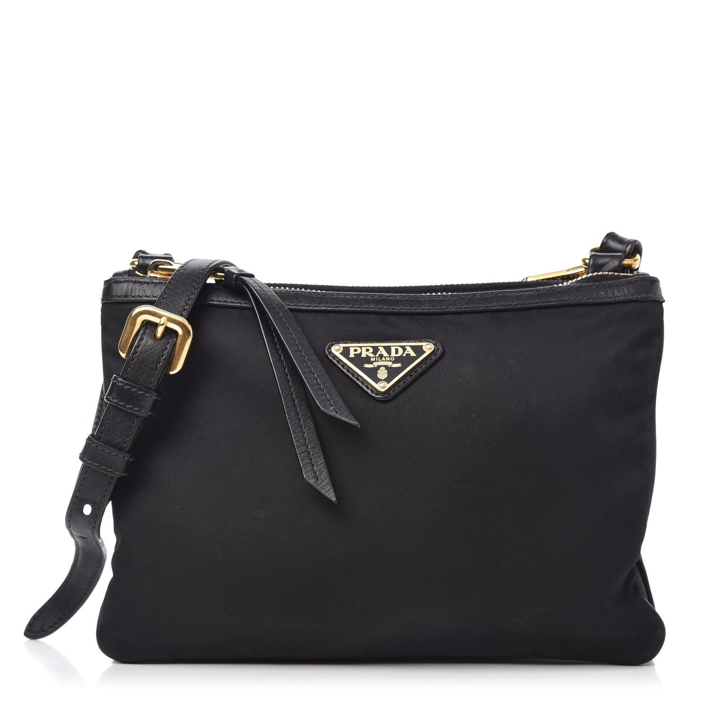 Tessuto Nylon Soft Calf Double Zip Crossbody Bag Black