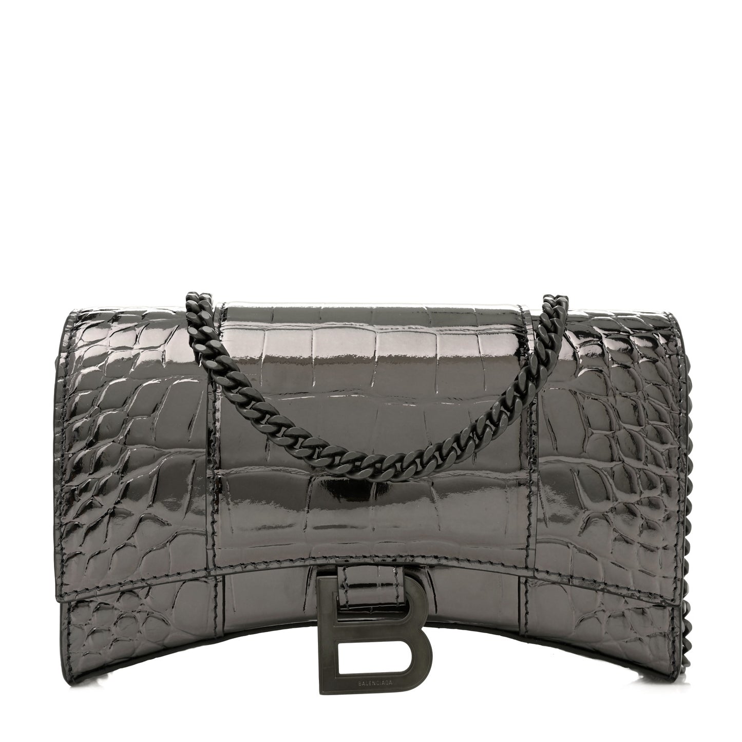 Shiny Metallic Calfskin Crocodile Embossed Hourglass Chain Bag Gunmetal