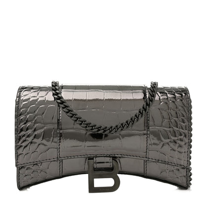 Balenciaga Shiny Metallic Calfskin Crocodile Embossed Hourglass Chain Bag Gunmetal 1 of 9