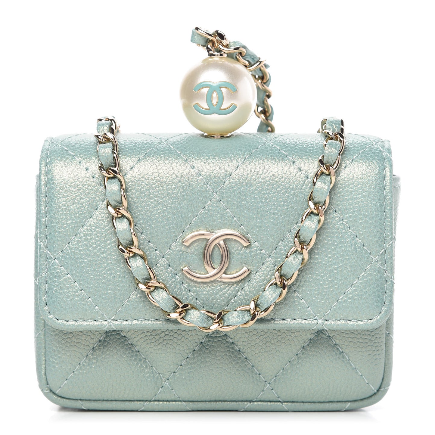 Iridescent Caviar Quilted Pearl On Top Coin Purse With Chain Light Green