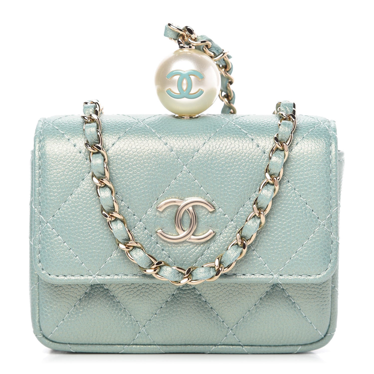 Chanel Iridescent Caviar Quilted Pearl On Top Coin Purse With Chain Light Green 1 of 9