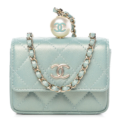 Chanel Iridescent Caviar Quilted Pearl On Top Coin Purse With Chain Light Green 1 of 9