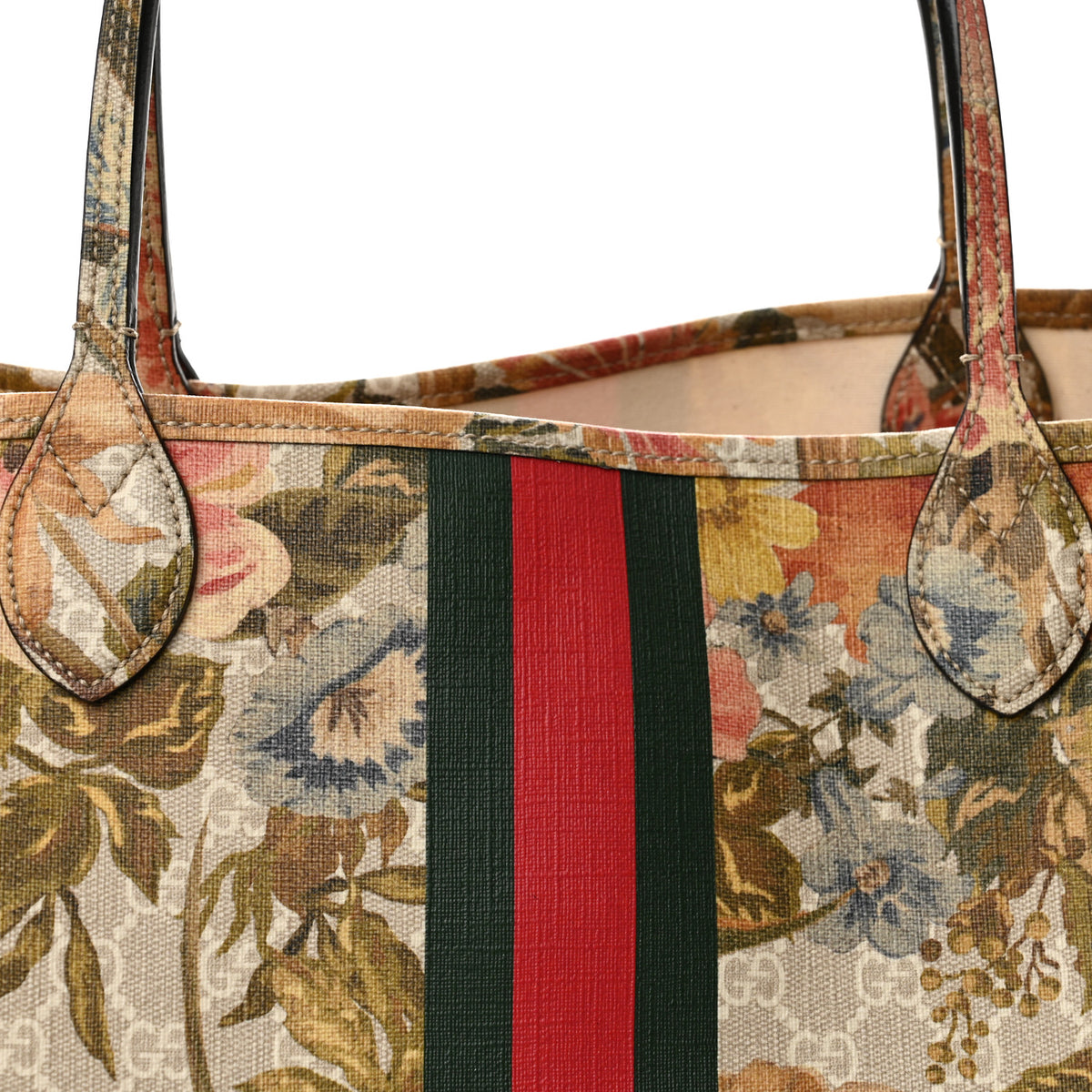 Gucci GG Supreme Monogram Water Flora Web Large Ophidia Tote Beige White Multicolor 9 of 13