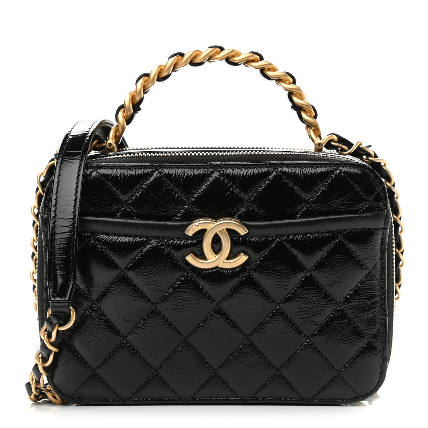 Crumpled Lambskin Quilted Get Round Top Handle Vanity Case Black