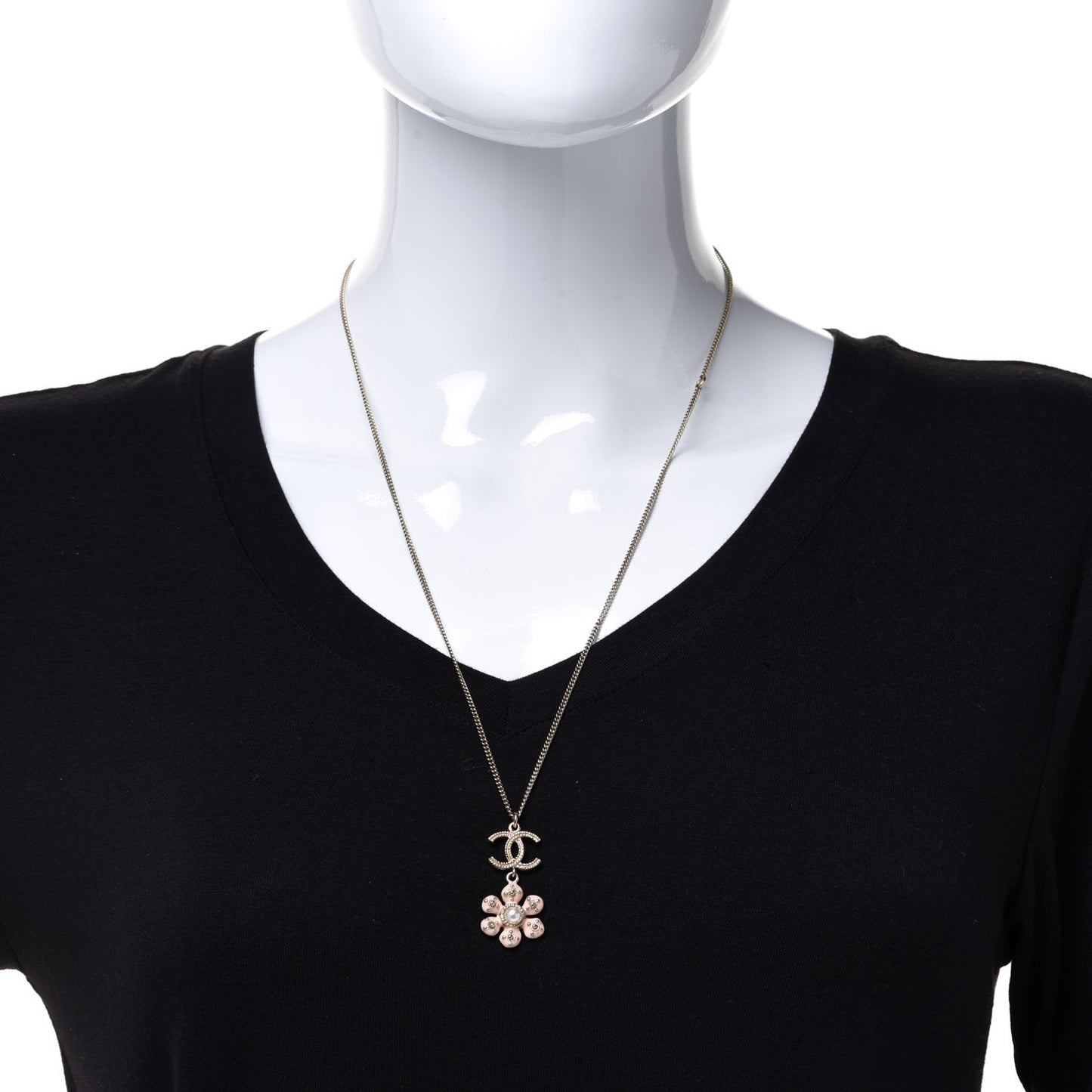 Enamel Pearl CC Flower Necklace Gold Pink