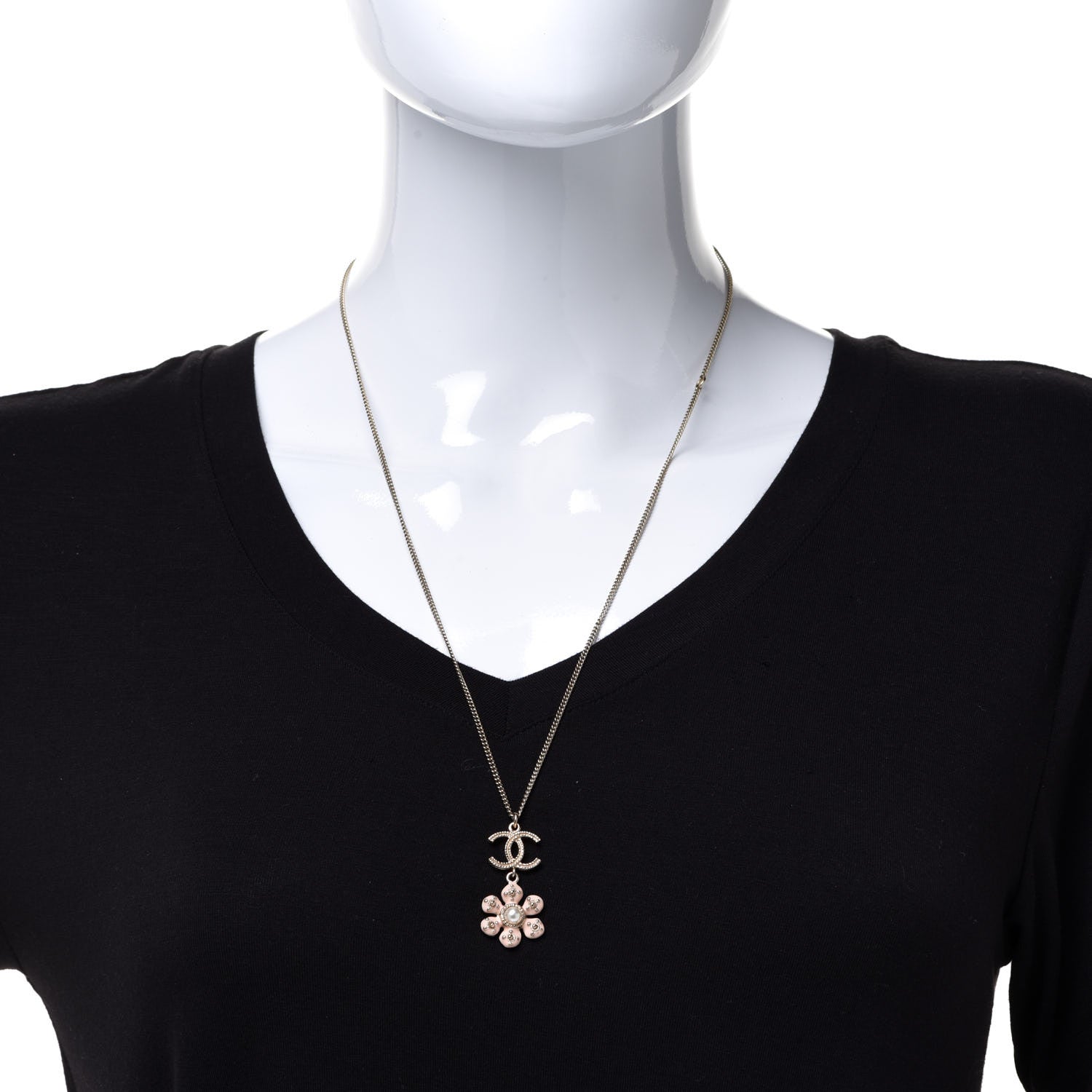 Chanel Enamel Pearl CC Flower Necklace Gold Pink 2 of 6