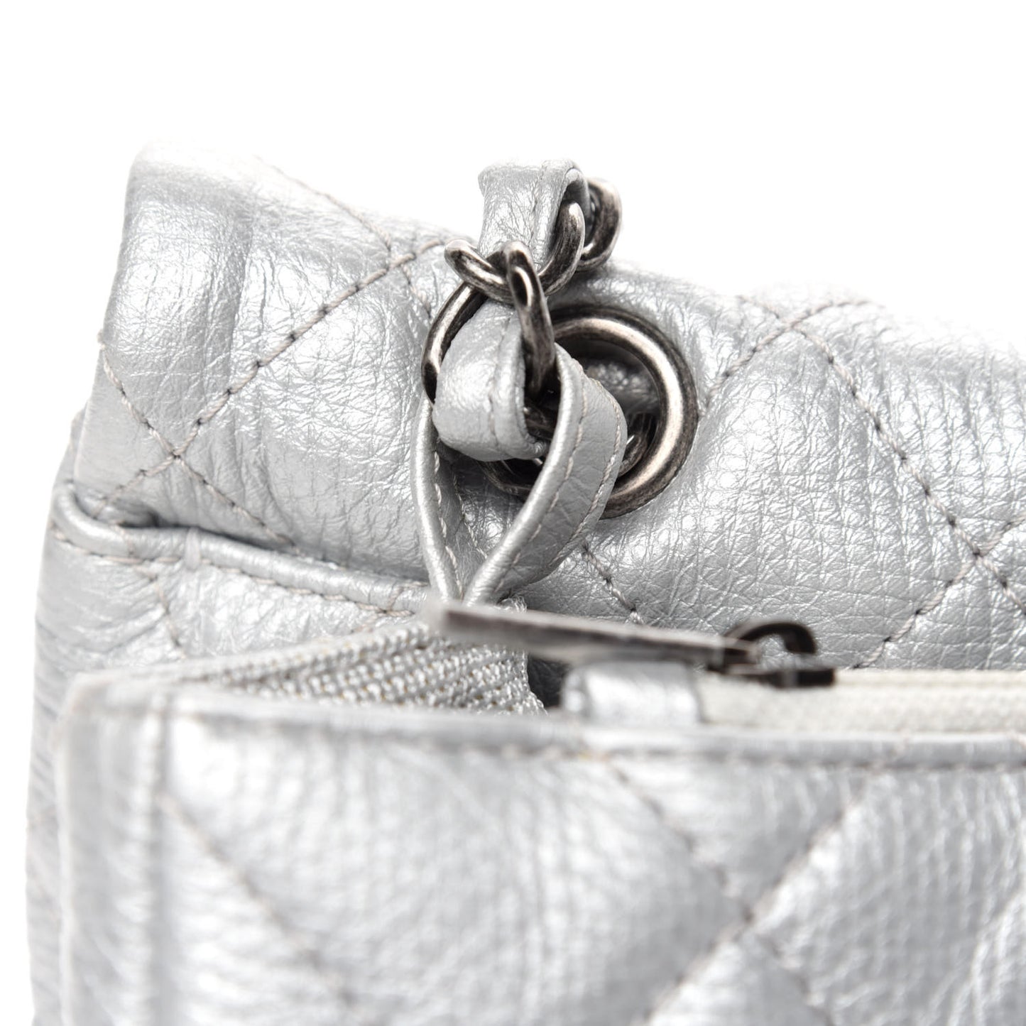 Metallic Calfskin Quilted XXL Travel Flap Bag Silver