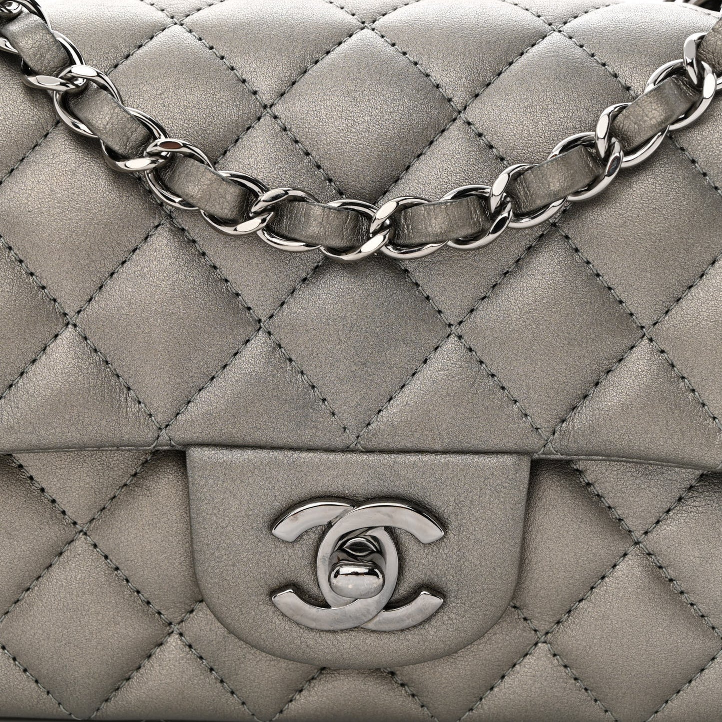 Metallic Lambskin Quilted Mini Rectangular Flap Ruthenium