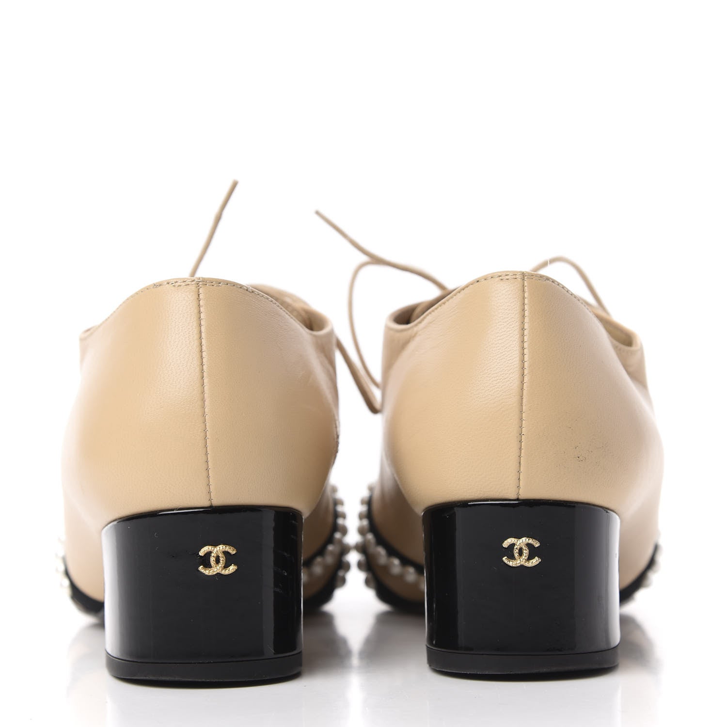Chanel Goatskin Grosgrain Pearl Cap Toe Lace Up Oxfords 37.5 Beige Black 7 of 13
