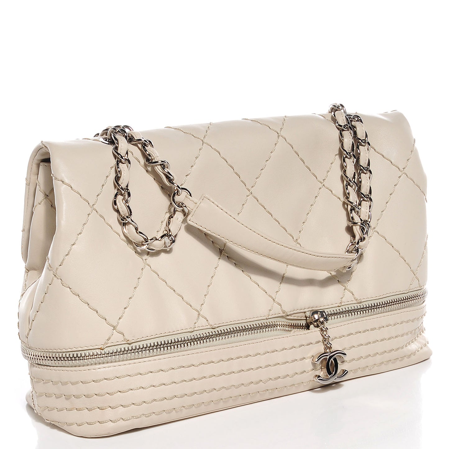 Calfskin Stitched Large Expandable Flap Bag White