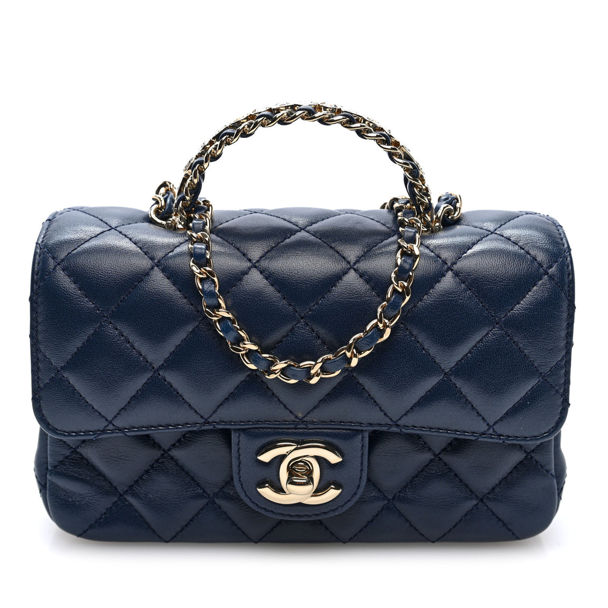 Chanel Lambskin Quilted Mini Crystal Top Handle Rectangular Flap  Navy 1 of 10