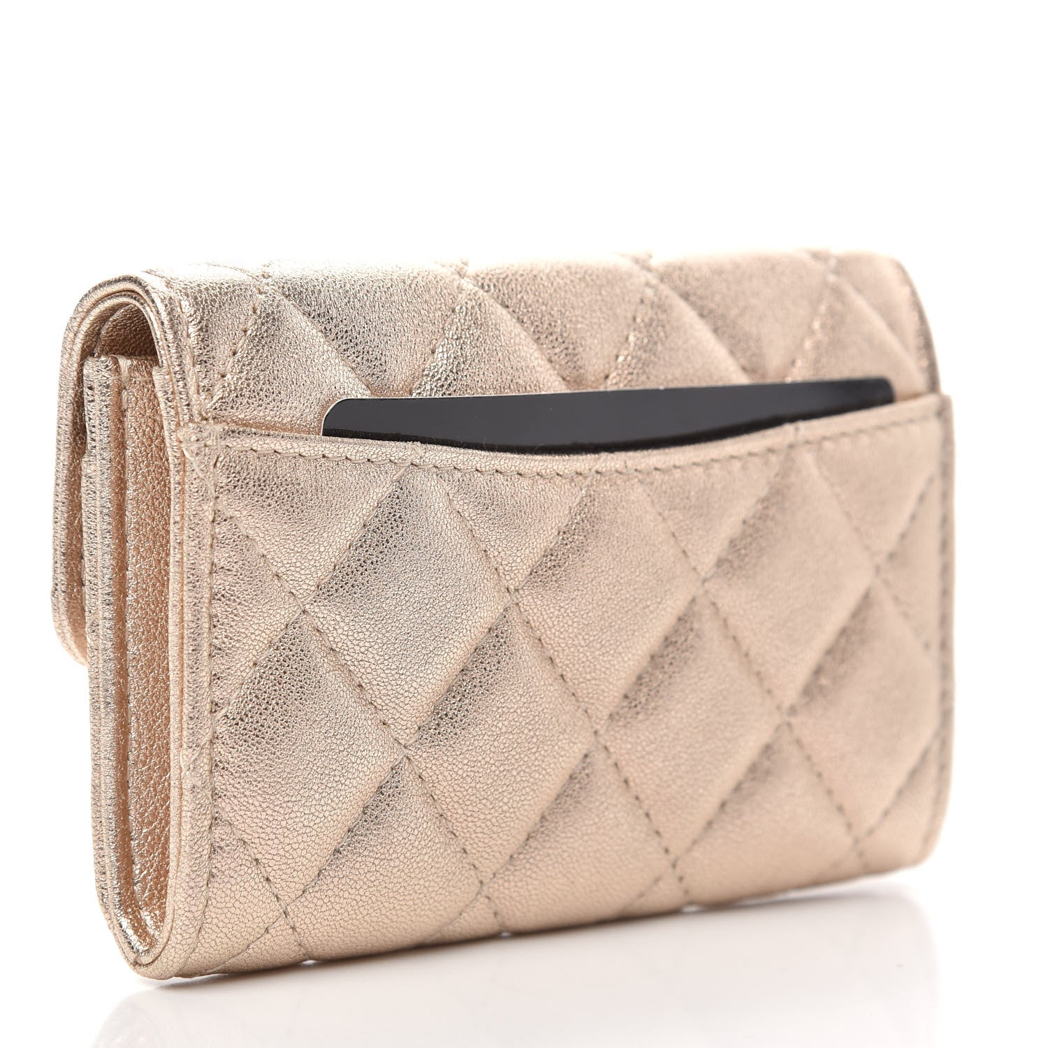 Chanel Metallic Lambskin Quilted Flap Card Holder Wallet Gold 3 of 11