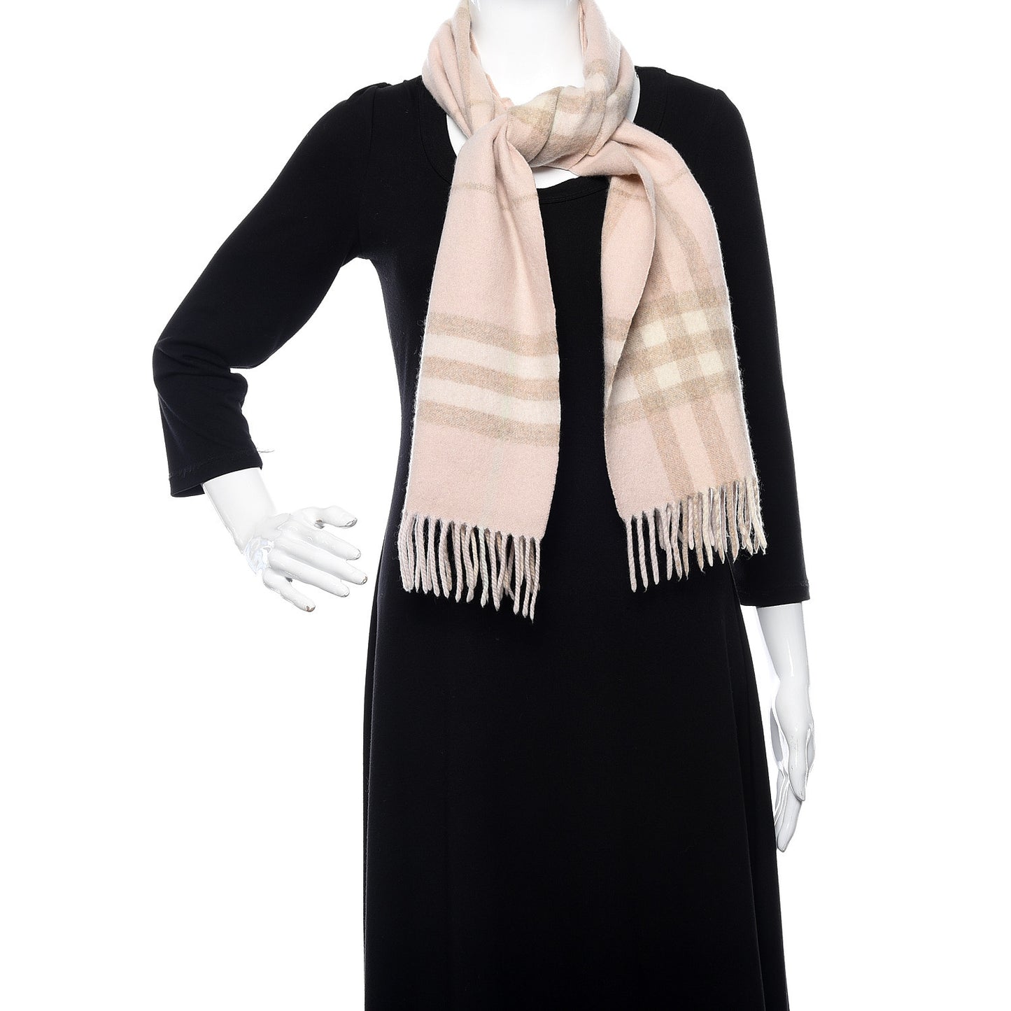 Cashmere Giant Check Fringe Scarf Pink
